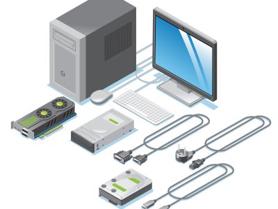 Isometric computer parts collection with monitor video card drives cable wires keyboard mouse system unit isolated vector illustration